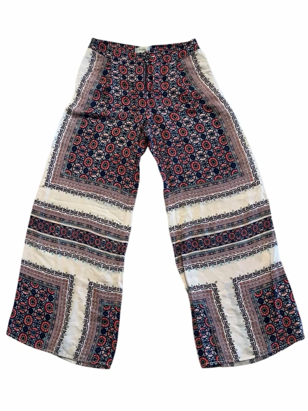 Anthropologie Elevenses Boho Scarf Print Palazzo Wide Leg Silk-Feel Pants 10 - Picture 5 of 11